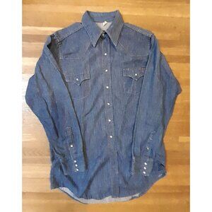 Vtg 70s 80s Sears Mens Western Wear Cowboy Trucker Pearl Snap XLT Denim Shirt